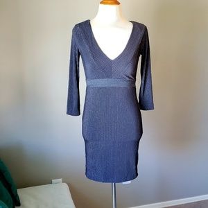 V-neck 3/4 sleeve charcoal dress w/ silver accents